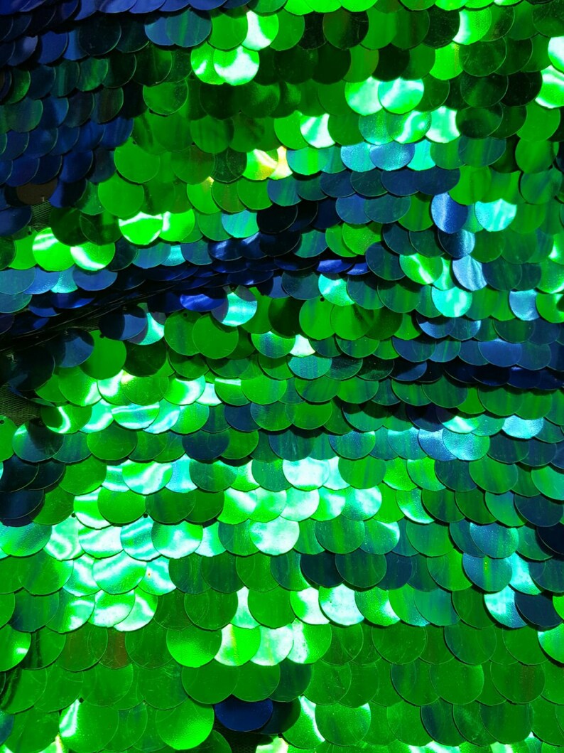 May include: Green iridescent sequins arranged in a scale pattern. The sequins are shiny and reflect light.
