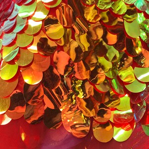 Red Gold Iridescent TearDrops Eggshell Jumbo Dangling Sequins on Red Mesh Fabric Sold By the Yard -Backdrops Fabric - Kimonos image 6