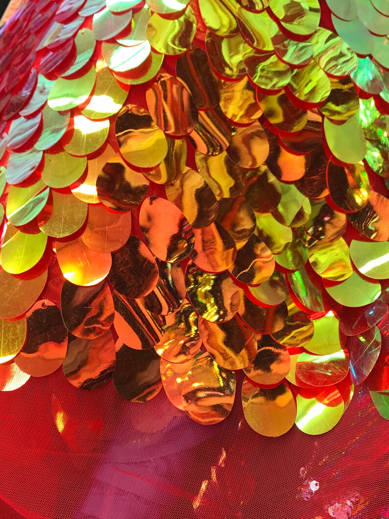 Red Gold Iridescent TearDrops Eggshell Jumbo Dangling Sequins on Red Mesh Fabric Sold By the Yard -Backdrops Fabric - Kimonos image 6
