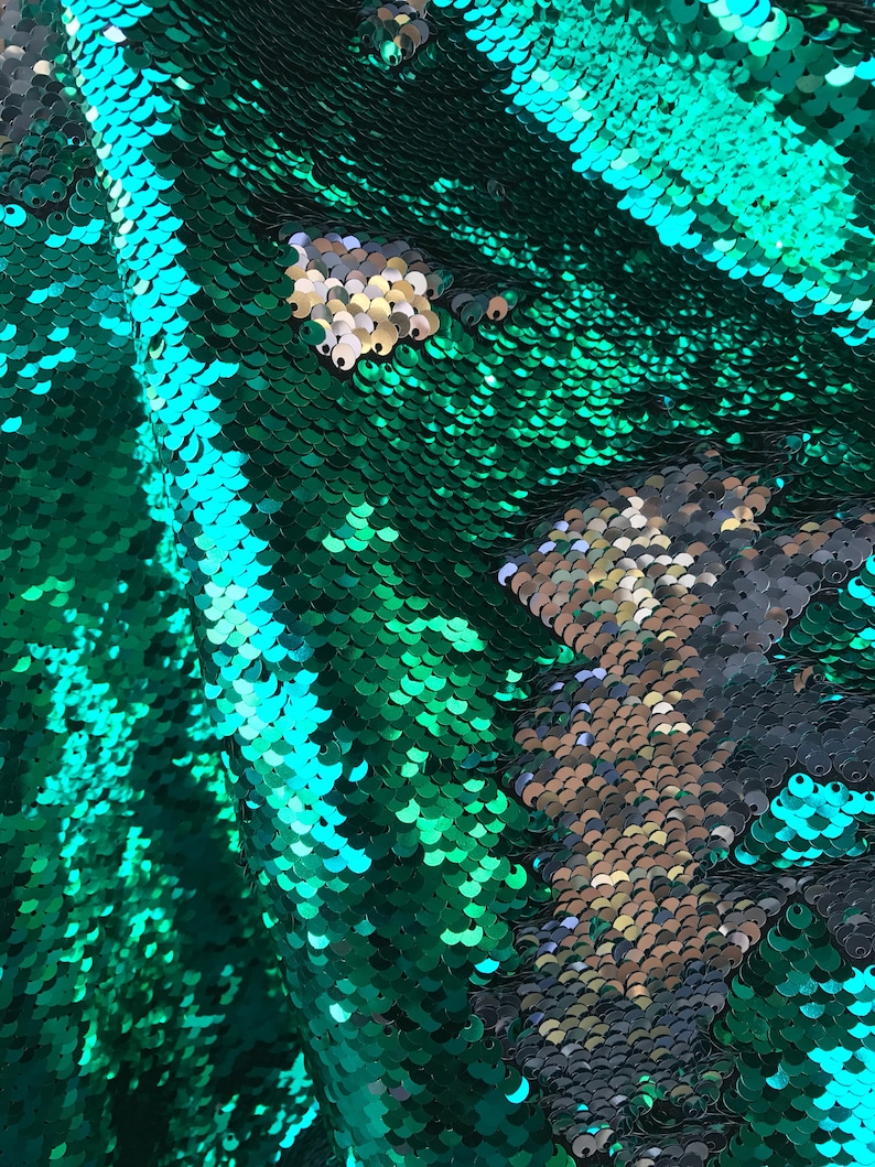 Fabric Dress Shiny GreenSilver FilpUp Reversible 5mm Sequins Two Tone Fabric Sold by the Yard- Pillow etc
