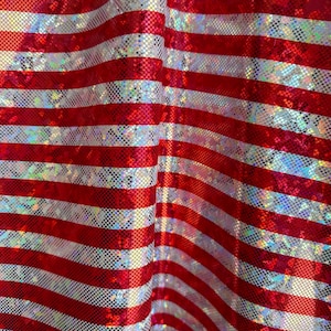 Half inch Shiny Metallic hologram Horizontal Red/White Silver Stripes on nylon Spandex  4 way Stretch Fabric Sold By Yard (60” wide)