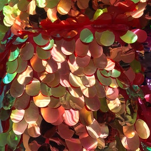 Red Gold Iridescent TearDrops Eggshell Jumbo Dangling Sequins on Red Mesh Fabric Sold By the Yard -Backdrops Fabric - Kimonos image 3
