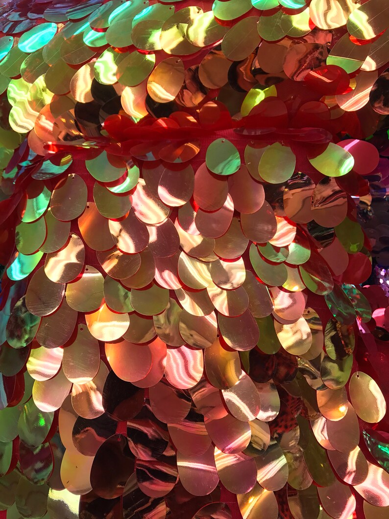 Red Gold Iridescent TearDrops Eggshell Jumbo Dangling Sequins on Red Mesh Fabric Sold By the Yard -Backdrops Fabric - Kimonos image 3