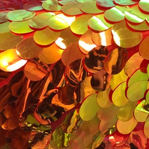 Red Gold Iridescent TearDrops Eggshell Jumbo Dangling Sequins on Red Mesh Fabric Sold By the Yard -Backdrops Fabric - Kimonos image 10
