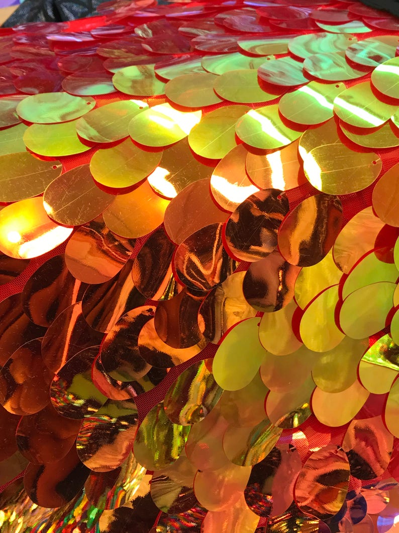 Red Gold Iridescent TearDrops Eggshell Jumbo Dangling Sequins on Red Mesh Fabric Sold By the Yard -Backdrops Fabric - Kimonos image 10