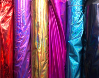 NEW Iridescent Foil on Spandex Fabric sold by yard [Shinny Fabric Iridescent - Red,L.Purple,Gold,fuchsia,Aqua,Black,Royal,Silver foil