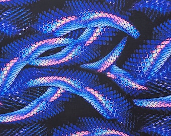 Novo tecido de elastano com estampa de cobra azul/rosa, elasticidade em 4 direções, 152 cm de largura, vendido por metro.