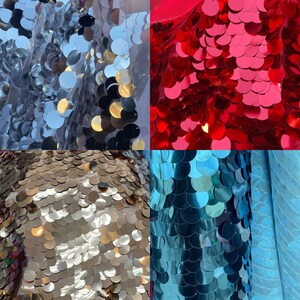 May include: Four different colors of sequin fabric. The fabric is made of small, round sequins that are sewn onto a mesh backing. The colors are silver, gold, red, and blue.
