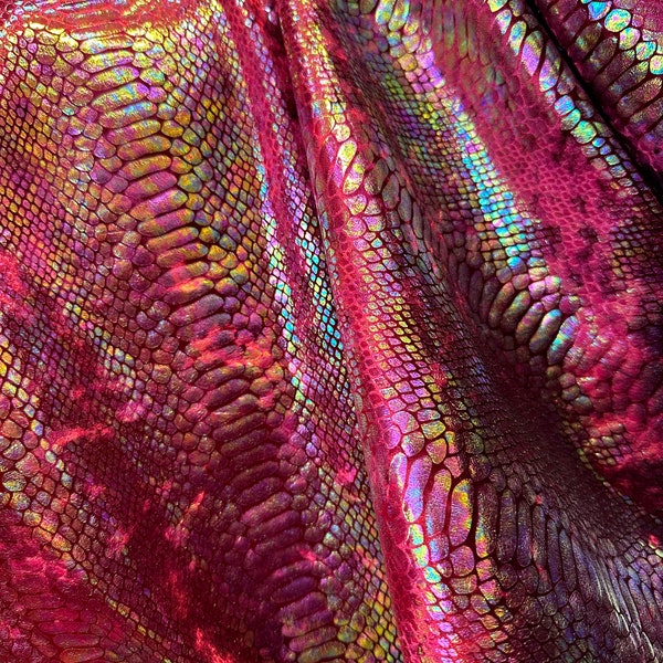 New Burgundy Iridescent Foil snake/Reptile print on ice velvet stretch base fabric sold by yard 60” wide