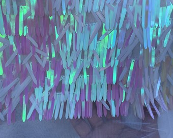 White/pink iridescent Sword Sequins shape Desings Dangling Iridescent sequins on Mesh Fabric sold By the Yard 60” width -Backdrops, Kimonos-