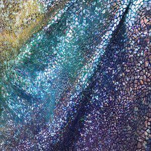 New Silver Metalic {Purple Blue Yellow} Tie Dye Hologram- Reptiles Print On  Nylon Spandex Fabric -Sold By the Yard Tie Dye Dragon Print