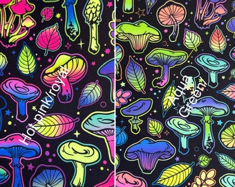 2 New Mushrooms  trippy UV glow neon print on great quality of nylon spandex 4-way stretch 60” wide. Sold by the yard (2 colors available)