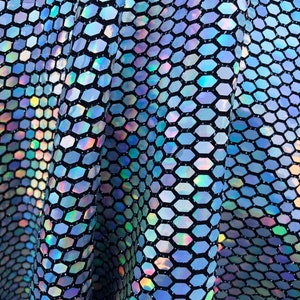 New Geometric Honeycomb Flat Mirror Silver IRIDESCENT Sequins Stone on Black Base Nylon Spandex Fabrics Sold by the Yard