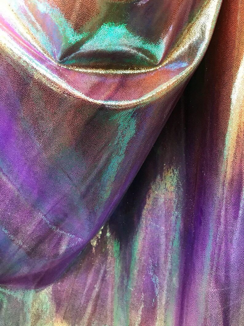 5 Tone Color NEW Poly Spandex Iridescent Tie Dye Pink Purple Orange Green /& Yellow with Metalic Green-Foil Spandex Fabric sold by yard