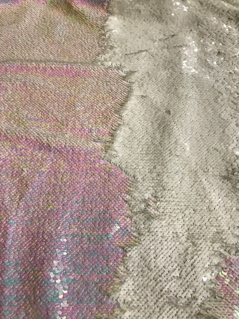 Mermaid White Pink Iridescent Flip-up Sequin 5mm on Spandex Fabric Sold By Yard Multiple Colors Flip up Mermaid Color image 3