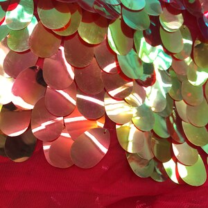 Red Gold Iridescent TearDrops Eggshell Jumbo Dangling Sequins on Red Mesh Fabric Sold By the Yard -Backdrops Fabric - Kimonos image 5