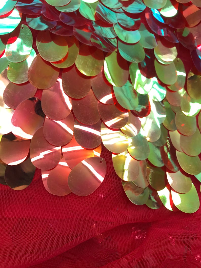 Red Gold Iridescent TearDrops Eggshell Jumbo Dangling Sequins on Red Mesh Fabric Sold By the Yard -Backdrops Fabric - Kimonos image 5