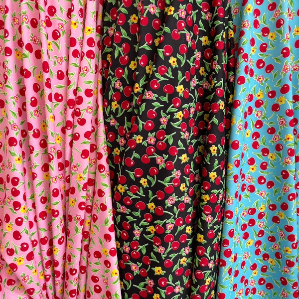 Cherry/ flowers Print on Nylon spandex fabric 4way Stretch. Fabric sold by the yard 60” wide