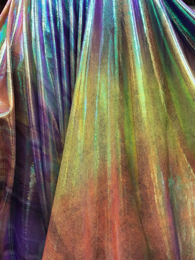 5 Tone Color NEW Poly Spandex Iridescent Tie Dye Pink Purple Orange Green /& Yellow with Metalic Green-Foil Spandex Fabric sold by yard