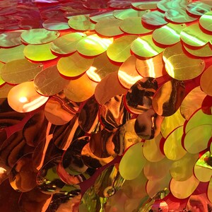 Red Gold Iridescent TearDrops Eggshell Jumbo Dangling Sequins on Red Mesh Fabric Sold By the Yard -Backdrops Fabric - Kimonos image 9