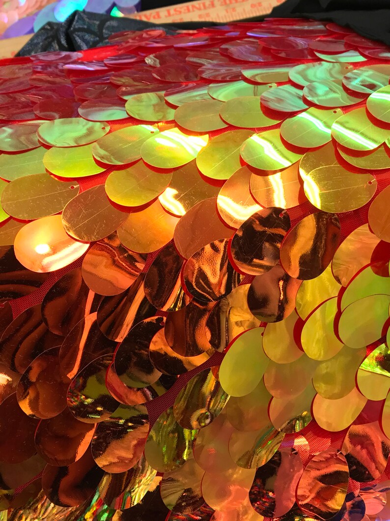 Red Gold Iridescent TearDrops Eggshell Jumbo Dangling Sequins on Red Mesh Fabric Sold By the Yard -Backdrops Fabric - Kimonos image 9