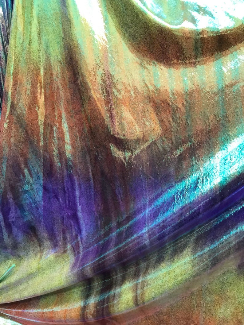 5 Tone Color NEW Poly Spandex Iridescent Tie Dye Pink Purple Orange Green /& Yellow with Metalic Green-Foil Spandex Fabric sold by yard