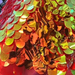 Red Gold Iridescent TearDrops Eggshell Jumbo Dangling Sequins on Red Mesh Fabric Sold By the Yard -Backdrops Fabric - Kimonos image 1