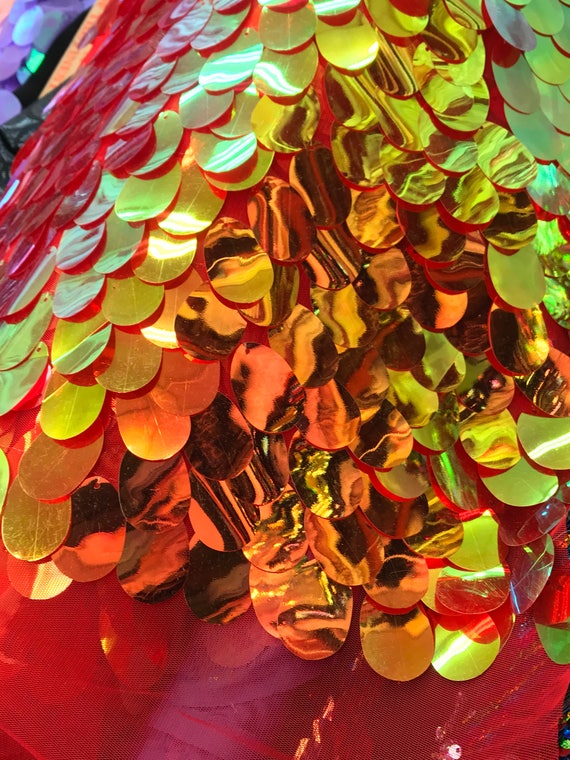 Red Gold Iridescent TearDrops Eggshell Jumbo Dangling Sequins on Red Mesh Fabric Sold By the Yard -Backdrops Fabric - Kimonos