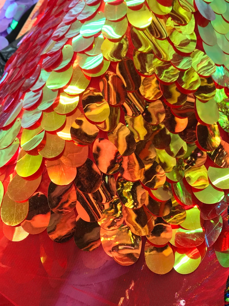 Red Gold Iridescent TearDrops Eggshell Jumbo Dangling Sequins on Red Mesh Fabric Sold By the Yard -Backdrops Fabric - Kimonos image 1