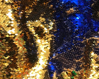 Shiny Royal Blue / Deep Gold NewTwo Tone Flip up paillettes / Reversible Sequins Tissu par verge - Golden States Color