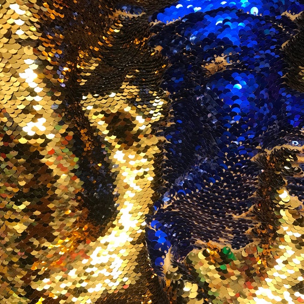 Shiny Royal Blue/Deep Gold NewTwo Tone Flip up sequins/Reversible Sequins Fabric by the yard- Golden States Color