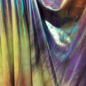 NEW Poly Spandex Iridescent Tie Dye Pink Purple Orange Green & Yellow with Metalic Green-Foil- Spandex Fabric sold by yard (5 Tone Color)