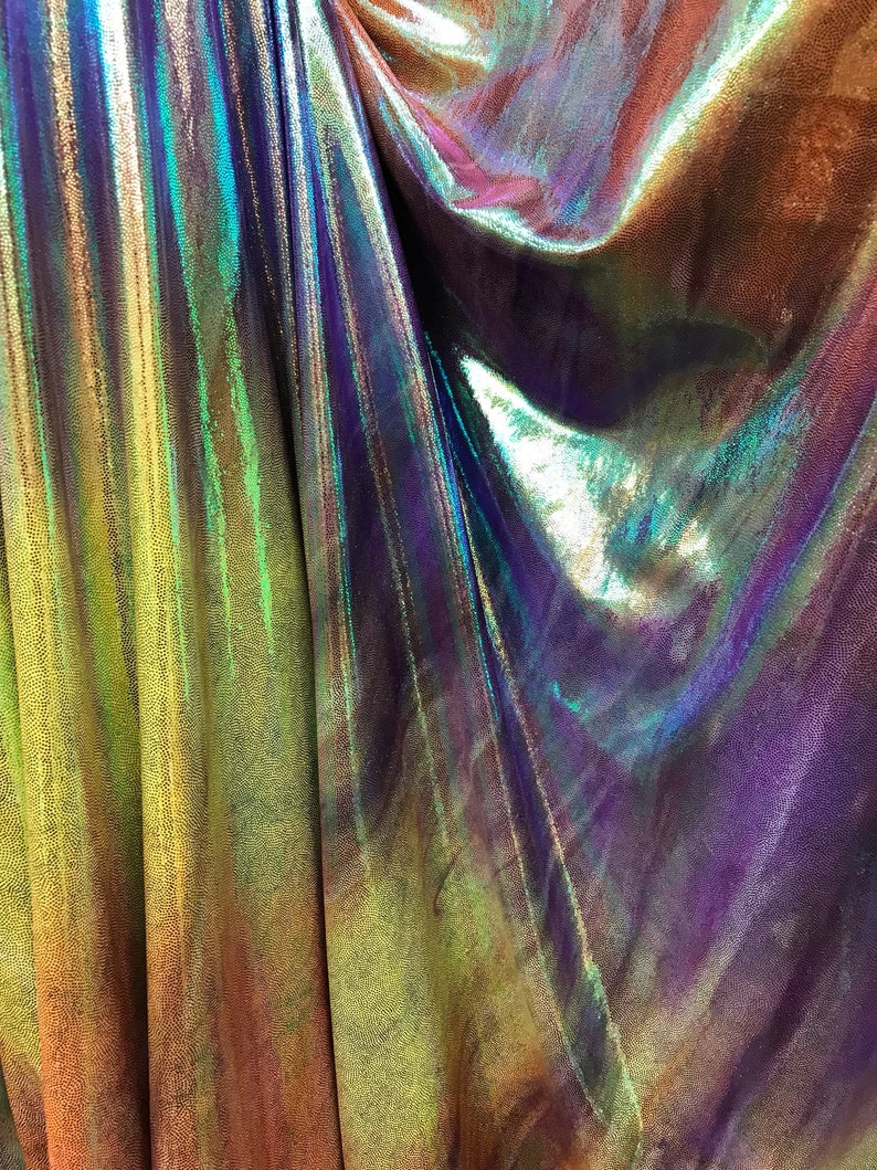 5 Tone Color NEW Poly Spandex Iridescent Tie Dye Pink Purple Orange Green /& Yellow with Metalic Green-Foil Spandex Fabric sold by yard