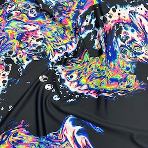 Neon Lava Splash Print - Black Base Spandex Fabric sold by yard -medium Weight