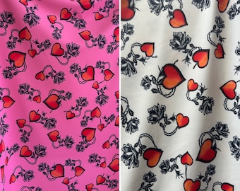 Valentine Red Hearts and Roses print Nylon spandex fabric 4 way stretch 58”/60” fabric sold by yard Ships worldwide from Los Angeles CA