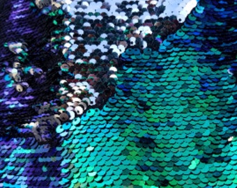 Tissu sirène brillant paon vert/argenté nouveau bicolore paillettes rabattables/paillettes réversibles par mètre