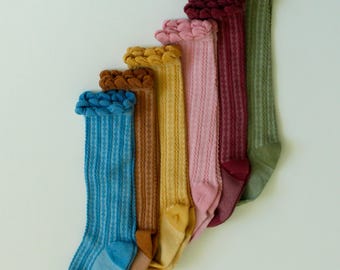 Hand Dyed Ruffle Top Knee High Socks, Fall Colors, FALL 2024
