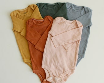 FALL 2023 long sleeve bodysuit, fall colored baby bodysuit, hand dyed bodysuit, baby bodysuit, fall colored clothes, Carter’s Child of Mine