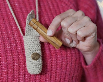 Olive wood Aromatherapy Essential Oil Inhaler with hand made holder with neck strap, for de-stress, relaxation, sleep, anxiety