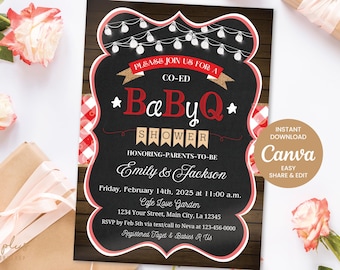 Rustikale Baby-Q-Duscheinladung, rustikale Babypartyparty, animierte Babypartyeinladung, einfach bearbeitbare Canva-Vorlage Digitaler Download