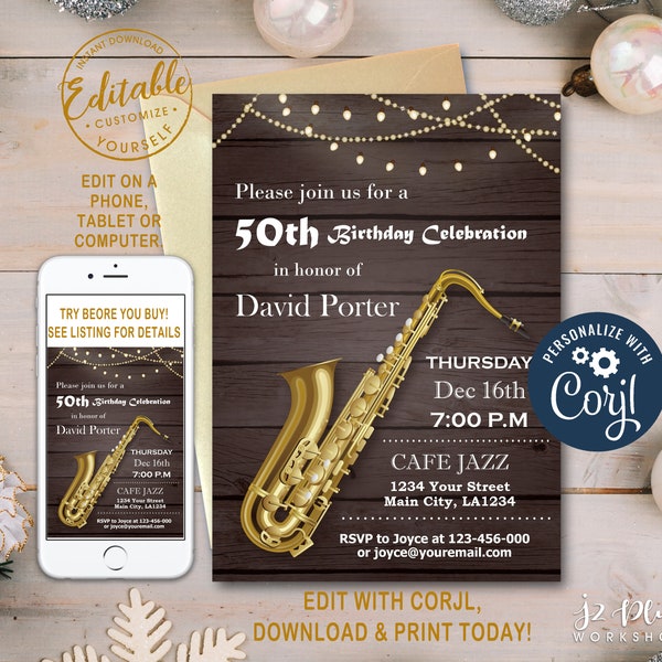 INSTANT DOWNLOAD Corjl Saxophone Adult Birthday Invitation for Men, Music Birthday Invitations Man Adult Invites Editable Template
