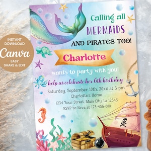 Mermaid & Pirate Birthday Invitation, Mermaid and Pirate Celebration, Ocean Birthday Party, Easy Editable Canva Template Digital Download