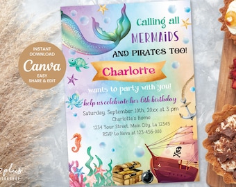 SOFORTIGER DOWNLOAD Canva Meerjungfrau und Pirat Geburtstag animierte einladen, Meerjungfrau und Pirat Party Einladungen, Einladungen, DIY bearbeitbar