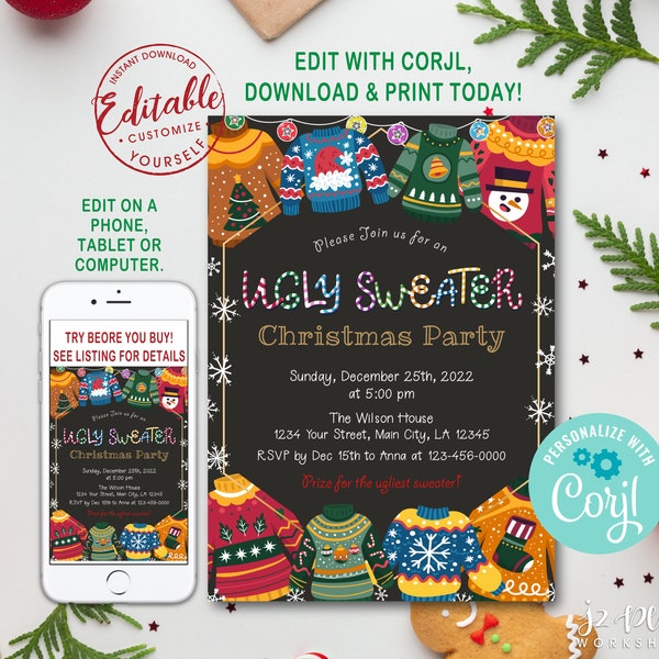 INSTANT DOWNLOAD Corjl Ugly Sweater invitation Christmas Party Invitation Ugly Christmas Invitations Instant Download Invite Editable