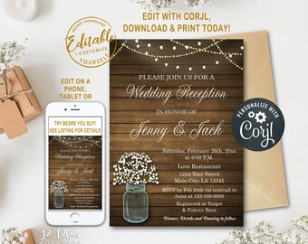 INSTANT DOWNLOAD Corjl Wedding Reception Invitation, Rustic Light Bulb Mason Jar Wedding Reception Invitation Printable Invites DIY Editable