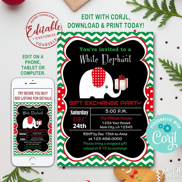 INSTANT DOWNLOAD Corjl Christmas White Elephant Gift Exchange Party Invitation Christmas Invitations Instant Download Editable Invite