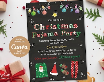 Christmas Pajama Party Invitation, Pajama Christmas Party Invitation, Christmas Holiday Party, Easy Editable Canva Template Digital Download