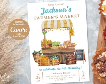 Invitación de cumpleaños con temática de mercado de agricultores, celebración en el mercado de frutas, fiesta de cumpleaños de un granjero, plantilla de Canva fácil de editar (descarga digital)