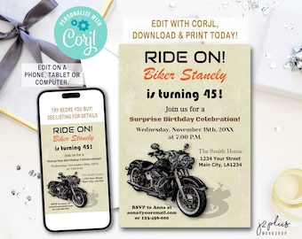 INSTANT DOWNLOAD Corjl Motorcycle Adult Birthday Invitation for Men, Bike Birthday Invitations Man Adult Party Invites Editable Template