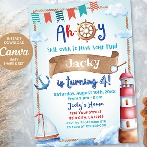 INSTANT DOWNLOAD Canva Ahoy Kids Birthday Invitation, Nautical Birthday Invitations Printable, Sailing Party Invites, DIY Editable Invites